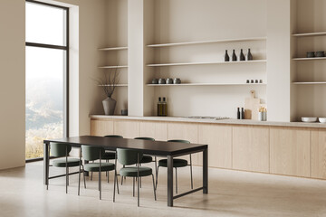 Minimalist dining area with modern furniture and neutral tones. 3D Rendering