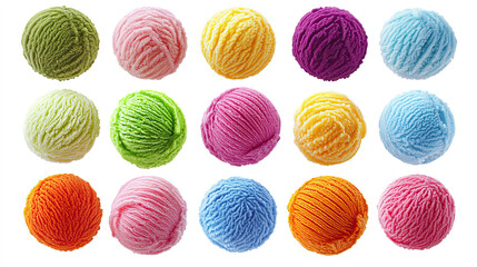 Top View of Assorted Ice Cream Scoops Isolated on White Background, Variety of Flavors and Colors, Creamy and Delicious Dessert Presentation, Perfect for Food and Culinary Concepts, Bright and Vibrant