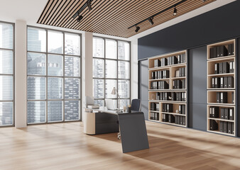 Modern office interior with large windows and city view, featuring contemporary furniture and...