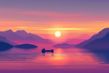 Serene Sunset over Majestic Mountains and Tranquil Waters with a Lone Vessel