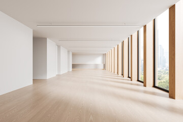 Minimalist modern office interior with large windows and wooden finishes. 3D Rendering