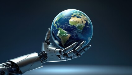 Robotic Hand Gently Holding Earth Globe