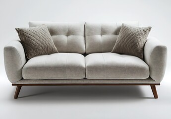 Fototapeta premium Modern beige fabric sofa with two brown cushions on a white background.