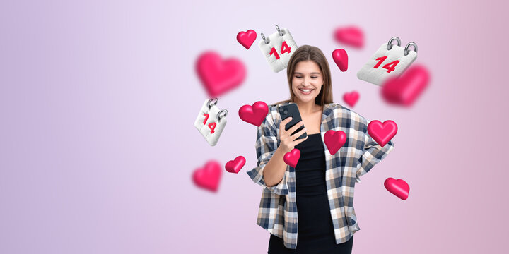 Woman smiling at phone with floating hearts and calendar icons o