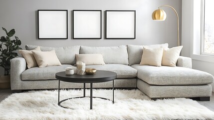 Modern living room interior design with sectional sofa, coffee table, rug, and artwork.