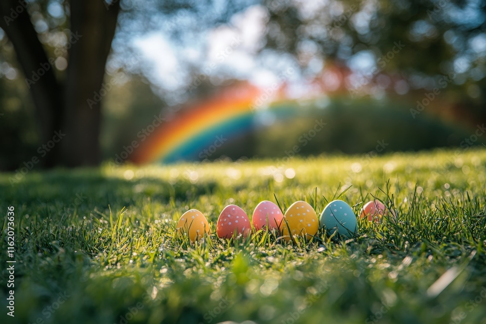 Aufkleber colorful easter eggs in grass with a rainbow in the background on a sunny spring day