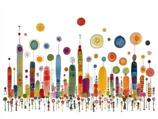 Colorful abstract cityscape with small figures.