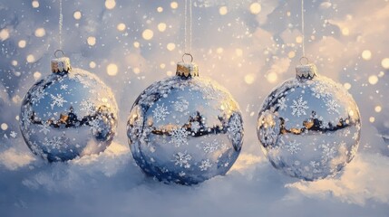 Soft snowflakes dance in the air, settling on glimmering baubles that evoke the magic of the winter holiday season