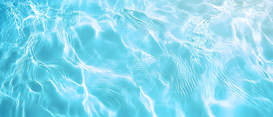 Transparent blue clear water surface texture with ripples, splashes and bubbles. Abstract summer banner background Water waves in sunlight with copy space Cosmetic moisturizer micellar toner emulsion