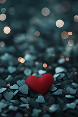 Fototapeta premium Minimalistic Valentine's Day background with a single red heart surrounded by small grey scattered hearts and bokeh lights in background.