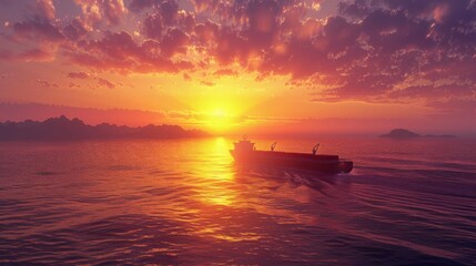 Naklejka premium Majestic Sunset Over the Ocean with Cargo Ship Sailing Towards the Horizon