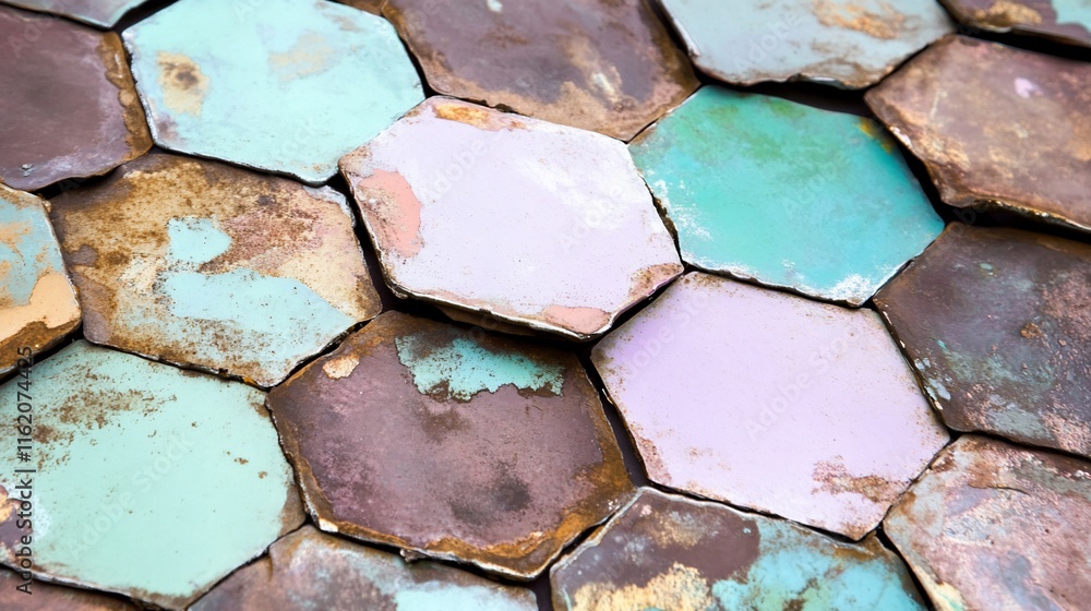 Poster a close-up of weathered hexagonal tiles in various colors and textures.