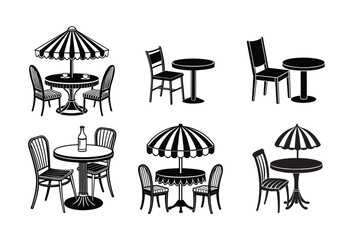 Restaurant Table and Chair with Beautiful Shade Silhouette Vector Art, Elegant Dining Illustration.