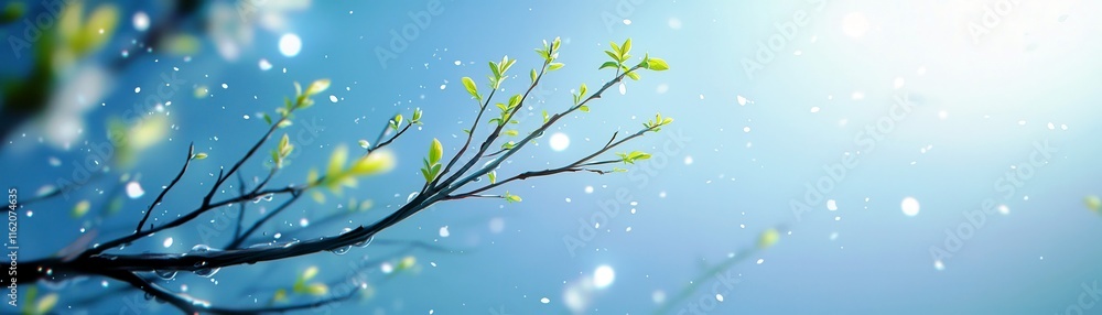 Poster fresh green leaves on delicate branches glimmering under bright sunlight with soft bokeh effect in a
