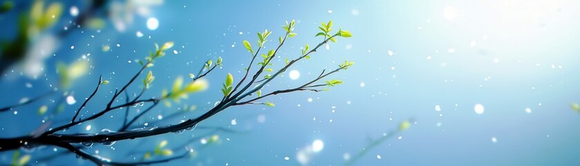 Fresh Green Leaves on Delicate Branches Glimmering Under Bright Sunlight with Soft Bokeh Effect in a Tranquil Spring Atmosphere