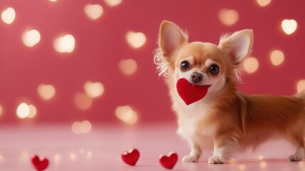 Adorable Chihuahua Holding a Rose Surrounded by Festive Lights