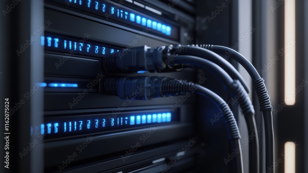 Poster connection network in servers data center room storage systems 3d rendering