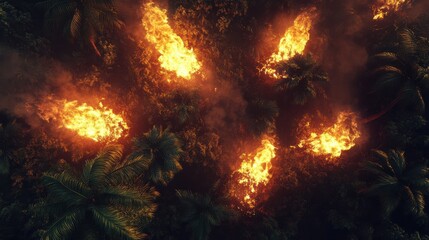 Top view of jungle on fire, big trees on fire, climate change