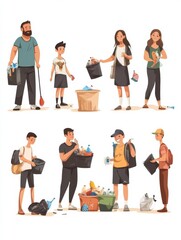 Fototapeta premium Group of people adult and kids characters gathering city garbage and plastic waste for recycling vector set. Character cartoon man volunteer trash and recycling trash illustration
