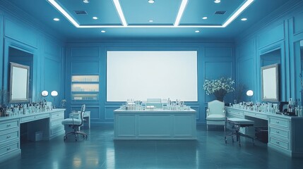Fototapeta premium Elegant blue vanity room with two dressing tables, a central table, and blank screen.
