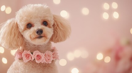 Adorable Poodle in Floral Wreath with Soft Bokeh Background