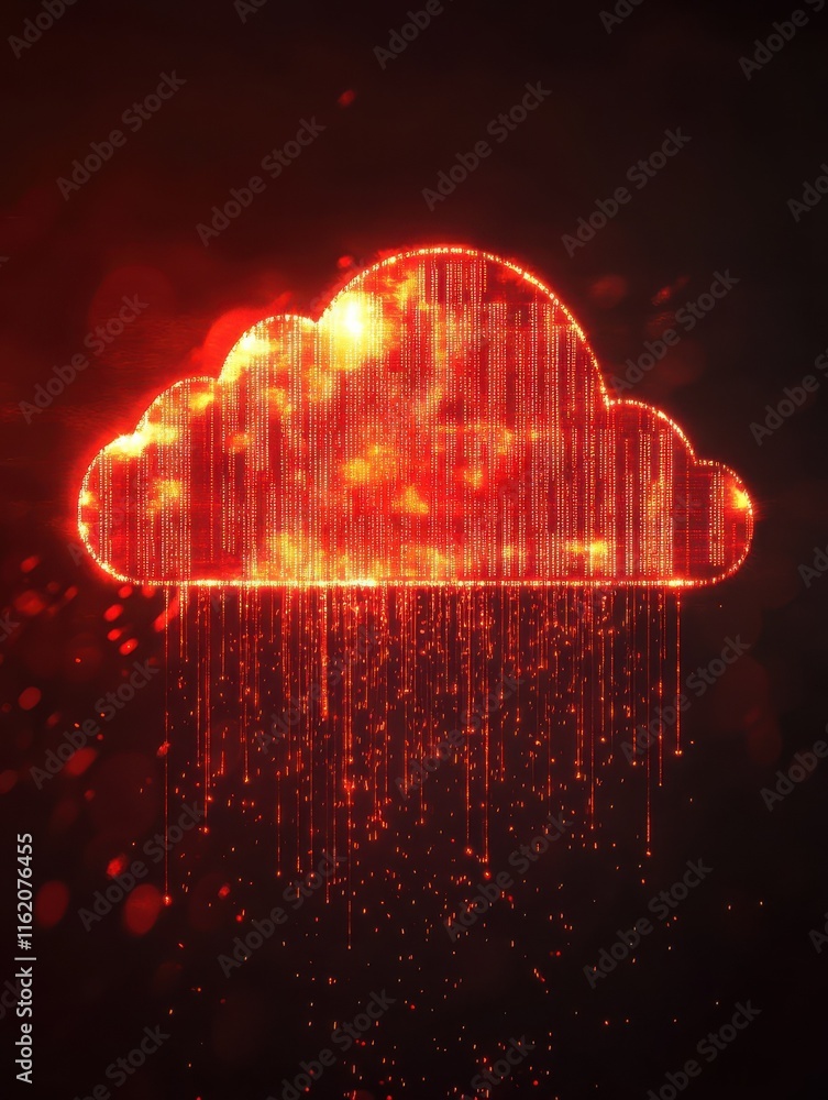 Poster creative glowing red polygonal binary code cloud raining on dark background. cloud computing and sto