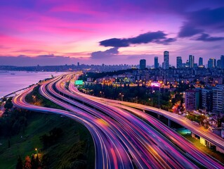 Obraz premium Aerial View of a Sprawling Highway Network Illuminated by Vibrant City Lights at Dusk Overlooking a Waterfront Cityscape with Towering Skyscrapers and a Colorful Sky
