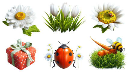 Whimsical spring 3d icon set featuring cute ladybug, gift box, bee, carrot, magnolia flower, chamomile, and sunflower on transparent background; ideal for seasonal designs, nature themes, or floral.