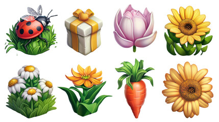 Whimsical spring 3d icon set featuring cute ladybug, gift box, bee, carrot, magnolia flower, chamomile, and sunflower on transparent background; ideal for seasonal designs, nature themes, or floral.