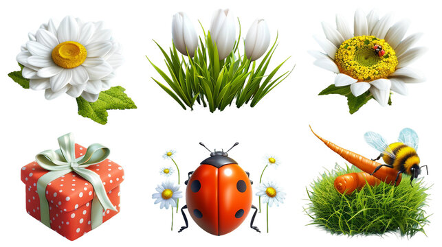 Whimsical spring 3d icon set featuring cute ladybug, gift box, bee, carrot, magnolia flower, chamomile, and sunflower on transparent background; ideal for seasonal designs, nature themes, or floral.