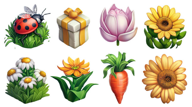 Whimsical spring 3d icon set featuring cute ladybug, gift box, bee, carrot, magnolia flower, chamomile, and sunflower on transparent background; ideal for seasonal designs, nature themes, or floral.