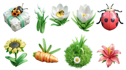 Whimsical spring 3d icon set featuring cute ladybug, gift box, bee, carrot, magnolia flower, chamomile, and sunflower on transparent background; ideal for seasonal designs, nature themes, or floral.