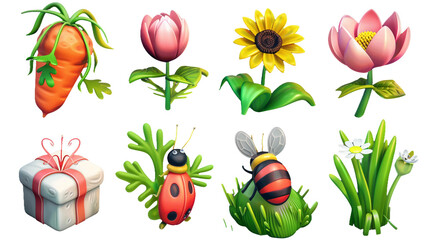 Whimsical spring 3d icon set featuring cute ladybug, gift box, bee, carrot, magnolia flower, chamomile, and sunflower on transparent background; ideal for seasonal designs, nature themes, or floral.