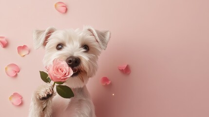 Playful Mini Schnauzer Holding a Rose in Its Mouth