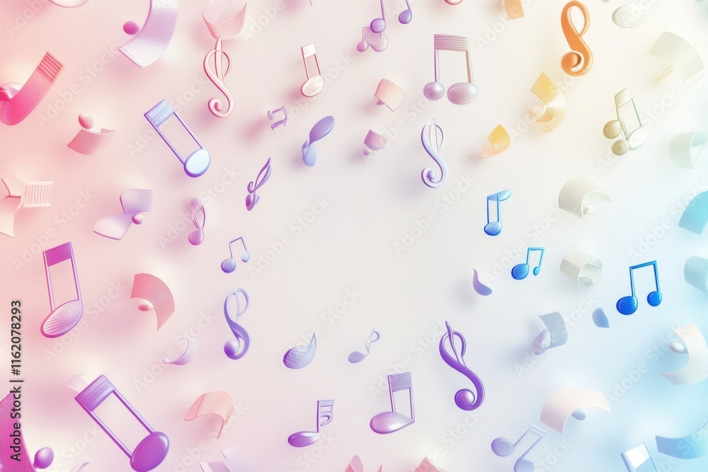 Poster Colorful 3D music notes create a vibrant design in a melodic swirl on a soft background. Generative AI