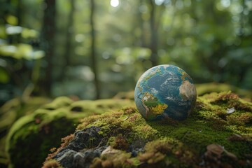 globe resting on moss in a forest   Europe and Africa   environment concept