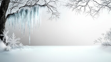 Frosty Morning Scene with Delicate Icicles Hanging from a Tree Branch in a Subtle Winter Landscape Capturing Tranquility and Serenity