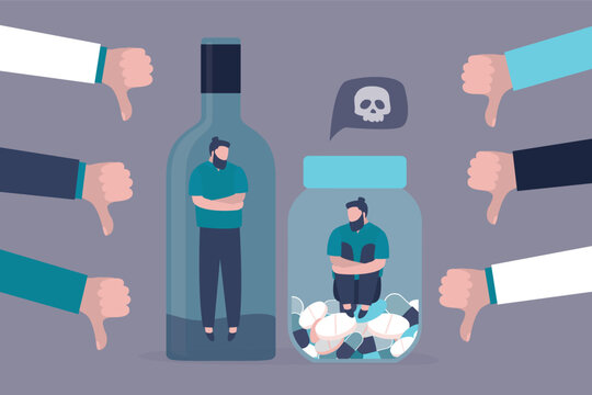 Bad habits, concept. Drug addiction, drinking alcohol, alcoholism therapy, stress metaphor. Human hands in dislike gestures. Drug abuse, drunk man in bottle,