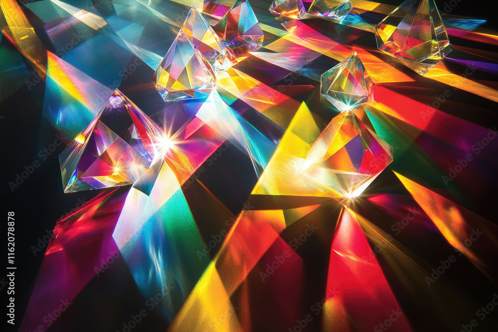 Poster crystalline prisms refract light, creating vibrant, multicolored geometric patterns on a dark surfac