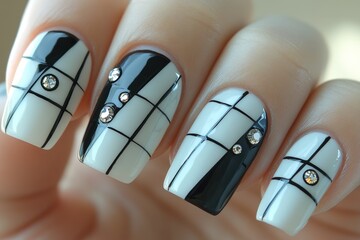 Close-up of elegant black and white checkered nail art with rhinestones.
