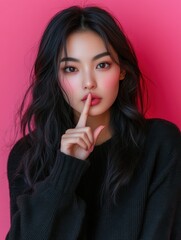 Naklejka premium Shh dont tell anyone my secret. Mysterious brunette Asian woman presses index finger to lips makes hush sign asks stay quiet shows tabboo gesture concentrated aside poses against rosy studio wall