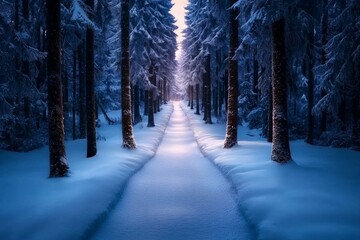 Enchanted Snow-Covered Forest Path Illuminated by Soft Light, Creating a Magical Atmosphere in a Winter Wonder Land