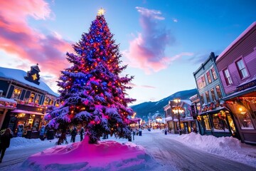 Fototapeta premium Majestic Christmas Tree Illuminated in Town Square with Festive Lights and Winter Background During Twilight in a Charming Holiday Atmosphere