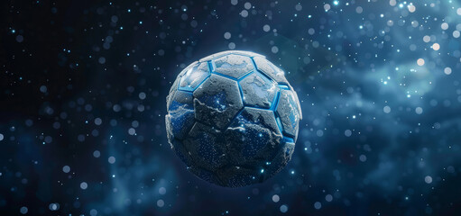 Fototapeta premium Abstract illustration of a soccer ball on a world map with an underwater theme, featuring a night setting, isolated black and white ball, and sports competition elements