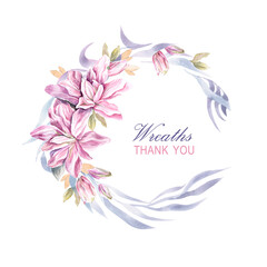 wreath of pink lily  flowers on white background