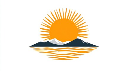 Sunrise over mountains and sea, minimalist logo design.