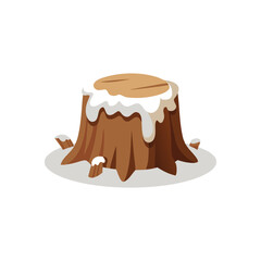 Old tree stump covered in snow isolated flat vector illustration on white background.