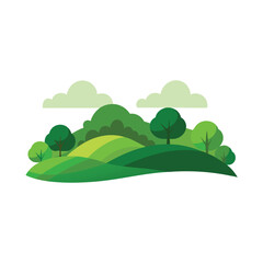 Fototapeta premium Rolling green hills adorned with lush trees isolated flat vector illustration on white background.