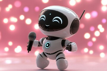 Singing Robot: A charming, cartoonish robot joyfully sings into a microphone against a bokeh background of pink lights. This adorable image is perfect for projects related to technology, music.