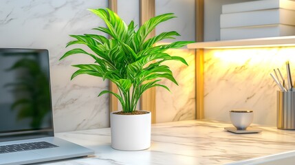 Fototapeta premium Spacious Modern Workspace Design Featuring a Lush Green Plant on a Minimalistic Desk with a Laptop and Stylish Lighting for an Inspiring Work Environment